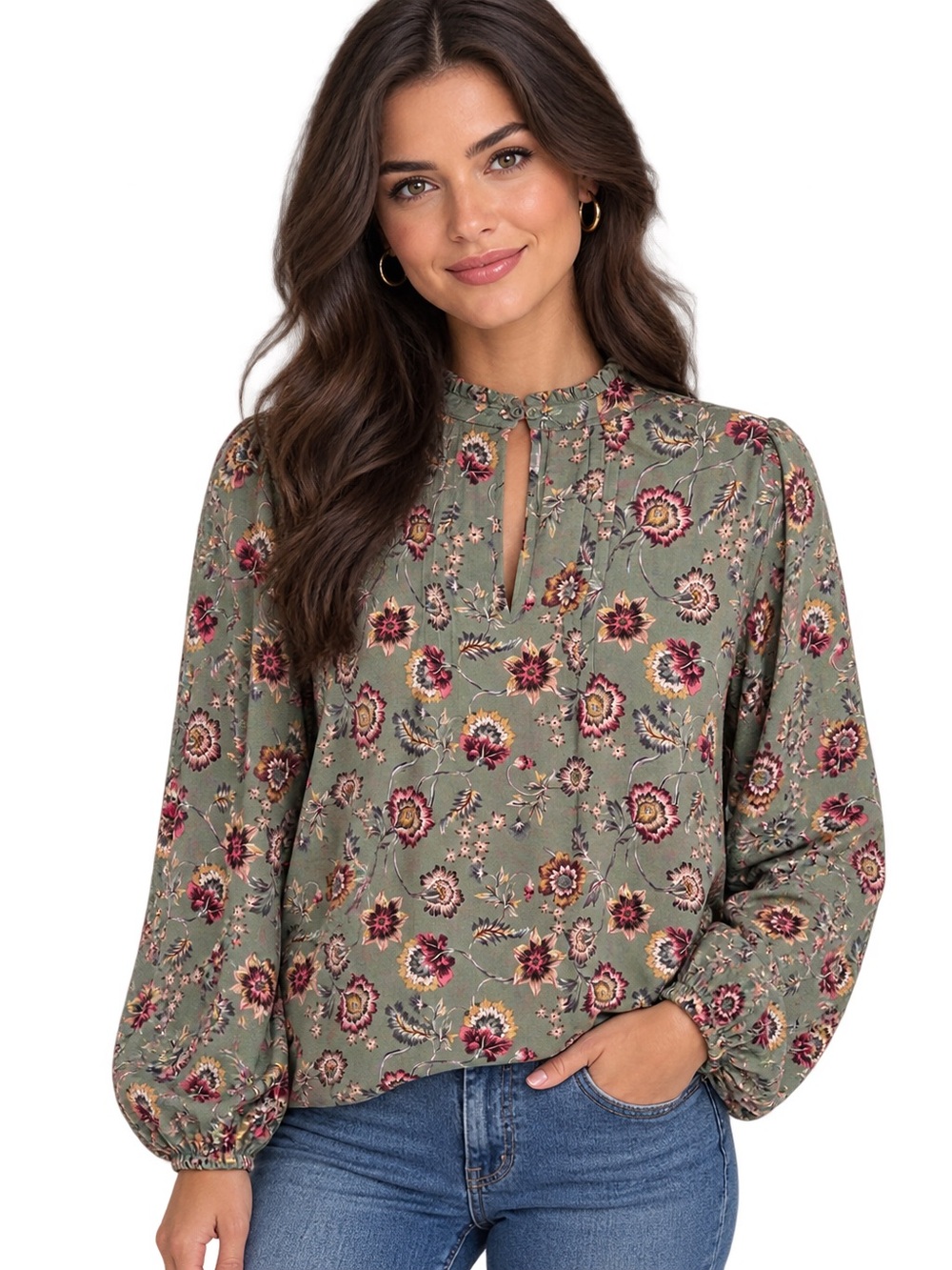 Joie Olive Green Floral Ruffle-Neck Blouse